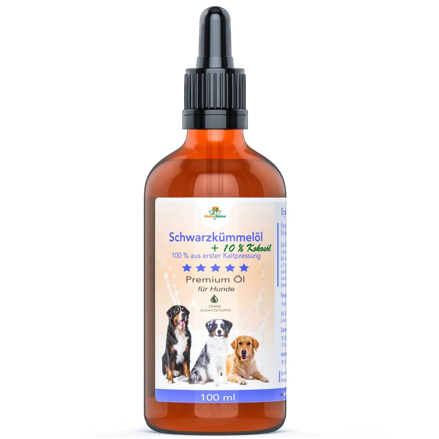 Mahu Natur 100 ml Schwarzkümmelöl Für Hunde + 10% Kokosöl - Ungefiltert - Nachhaltige Glasflasche Mit Glaspipette - Optimal Fürs Barfen - Tiny Paws Boutique